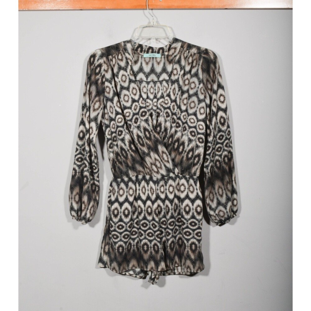 Karlie Gray Ikat Deep V Faux Wrap Long Sleeve Romper Short Jumpsuit Sz S